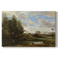 Canvas art print portraying figures washing clothes beside riverbank surrounded by trees, set against a white background