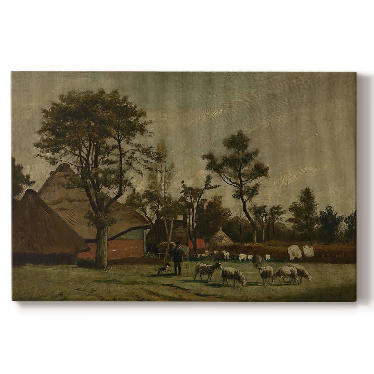 Canvas art print portraying a farmhouse with animals and open rural surroundings under soft sky, set against a white background