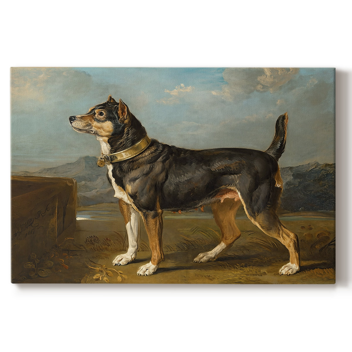 Canvas art print portraying a small terrier standing alert in open countryside landscape, set against a white background