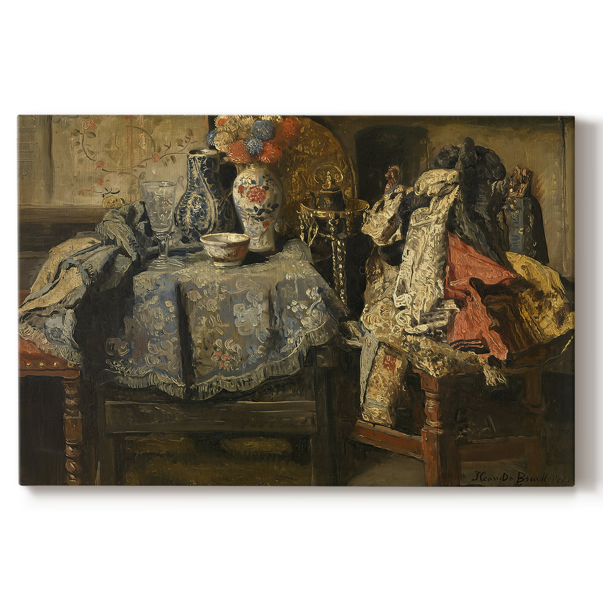 Canvas art print portraying an assortment of objects arranged on table in detailed still life composition, set against a white background