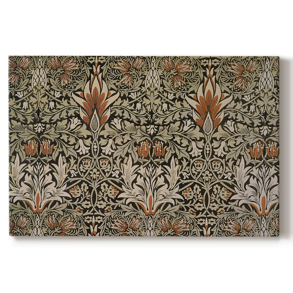 Canvas art print portraying a repeating floral pattern with dark background and warm-toned plant forms, set against a white background