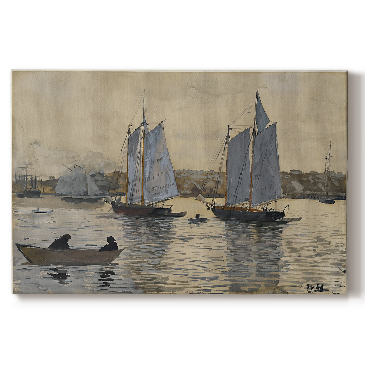 Canvas art print portraying two sailing ships positioned side by side on calm water, set against a white background