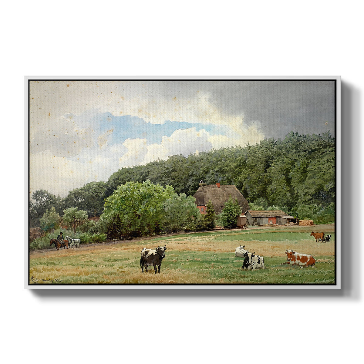 Farm with Grazing Cows (Bondegård med beitende kuer), 1892 - Floater Framed Canvas Print