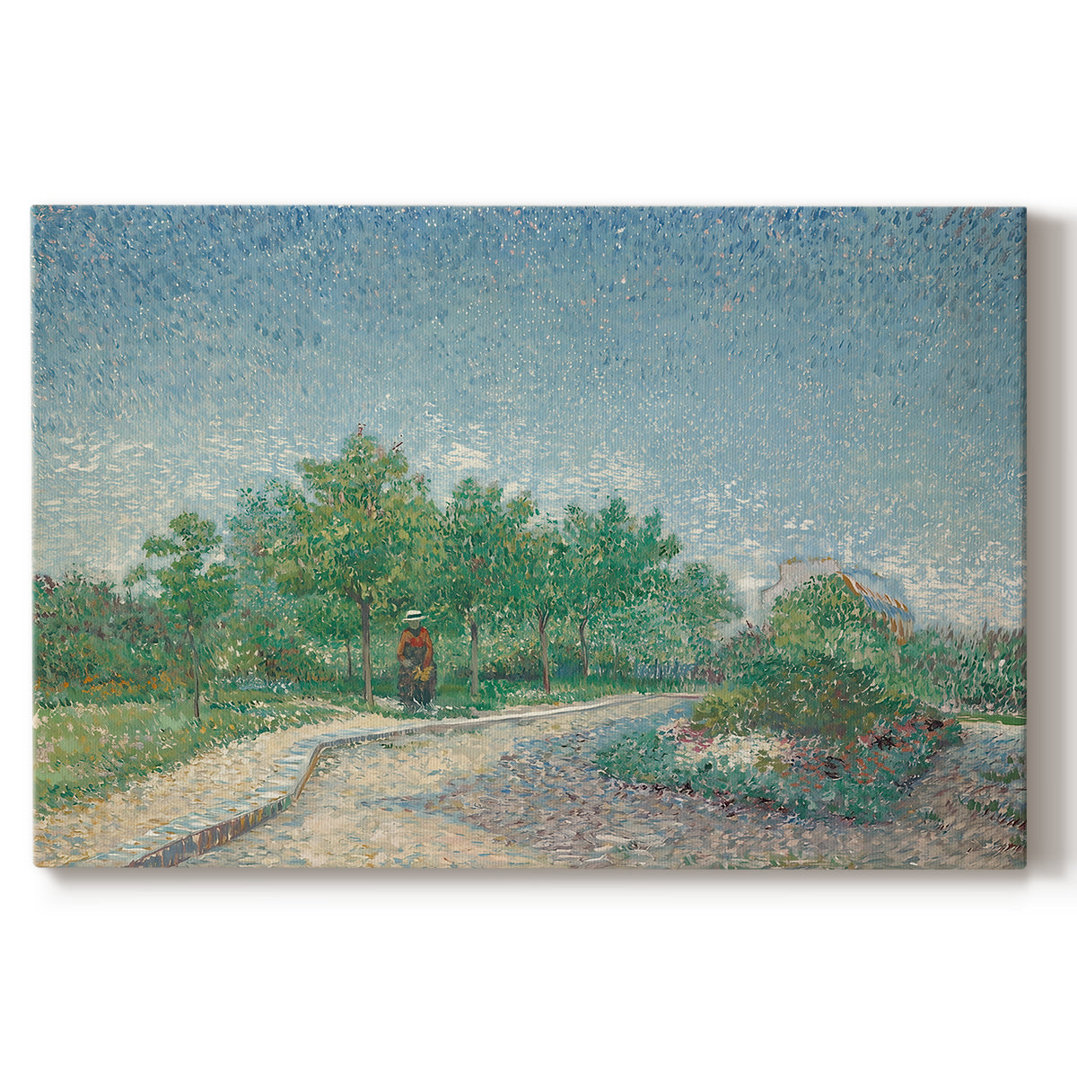 Canvas art print portraying an urban park with paths, trees, and figures under open sky, set against a white background