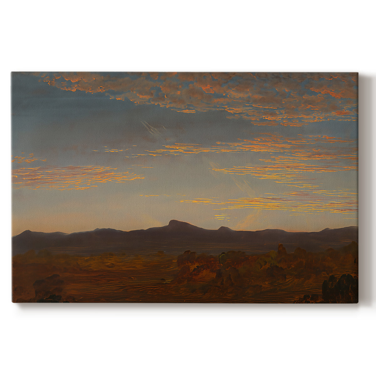 Canvas art print portraying a low mountain landscape under warm sky with broad open foreground, set against a white background