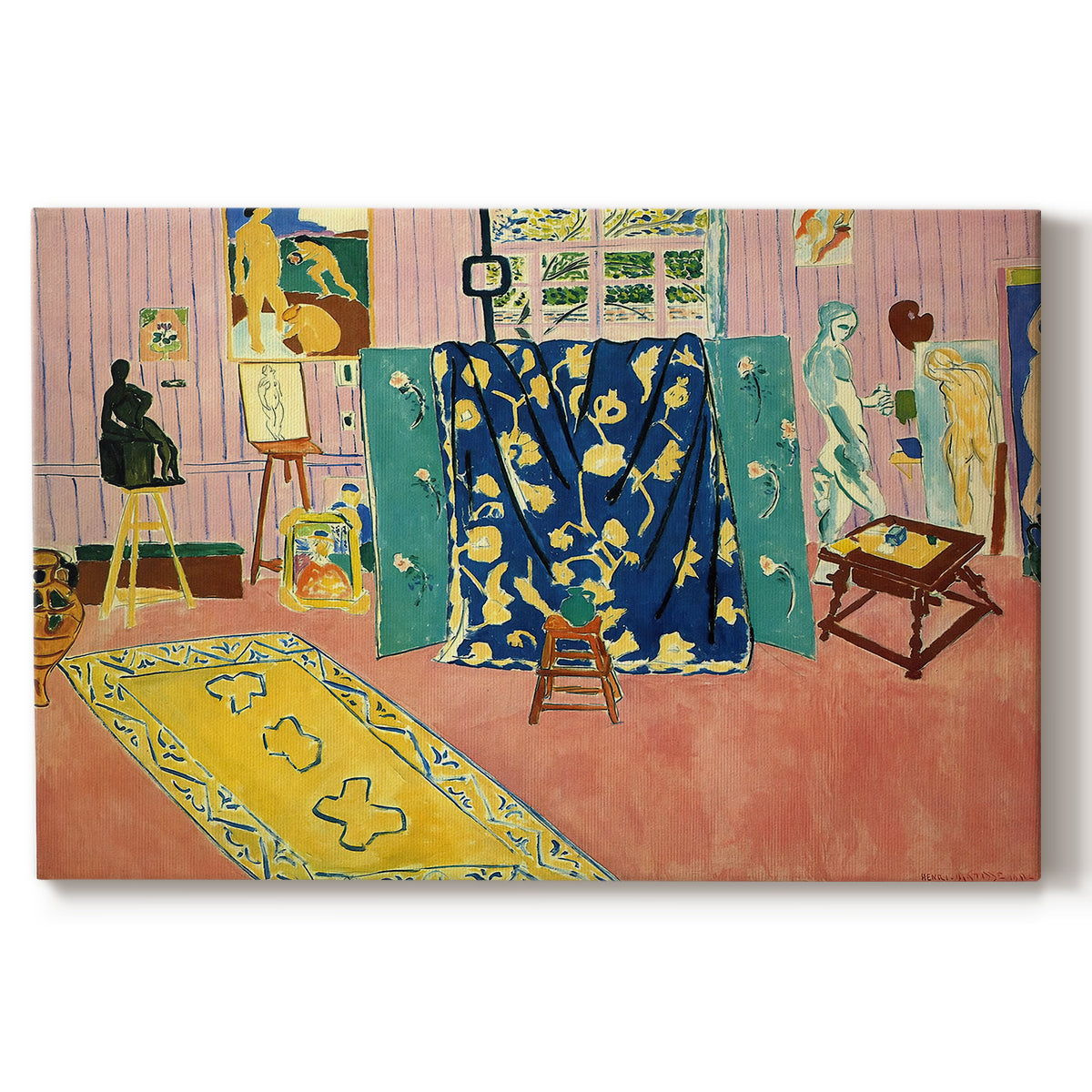 Canvas art print portraying a studio interior filled with objects in pink tones, set against a white background