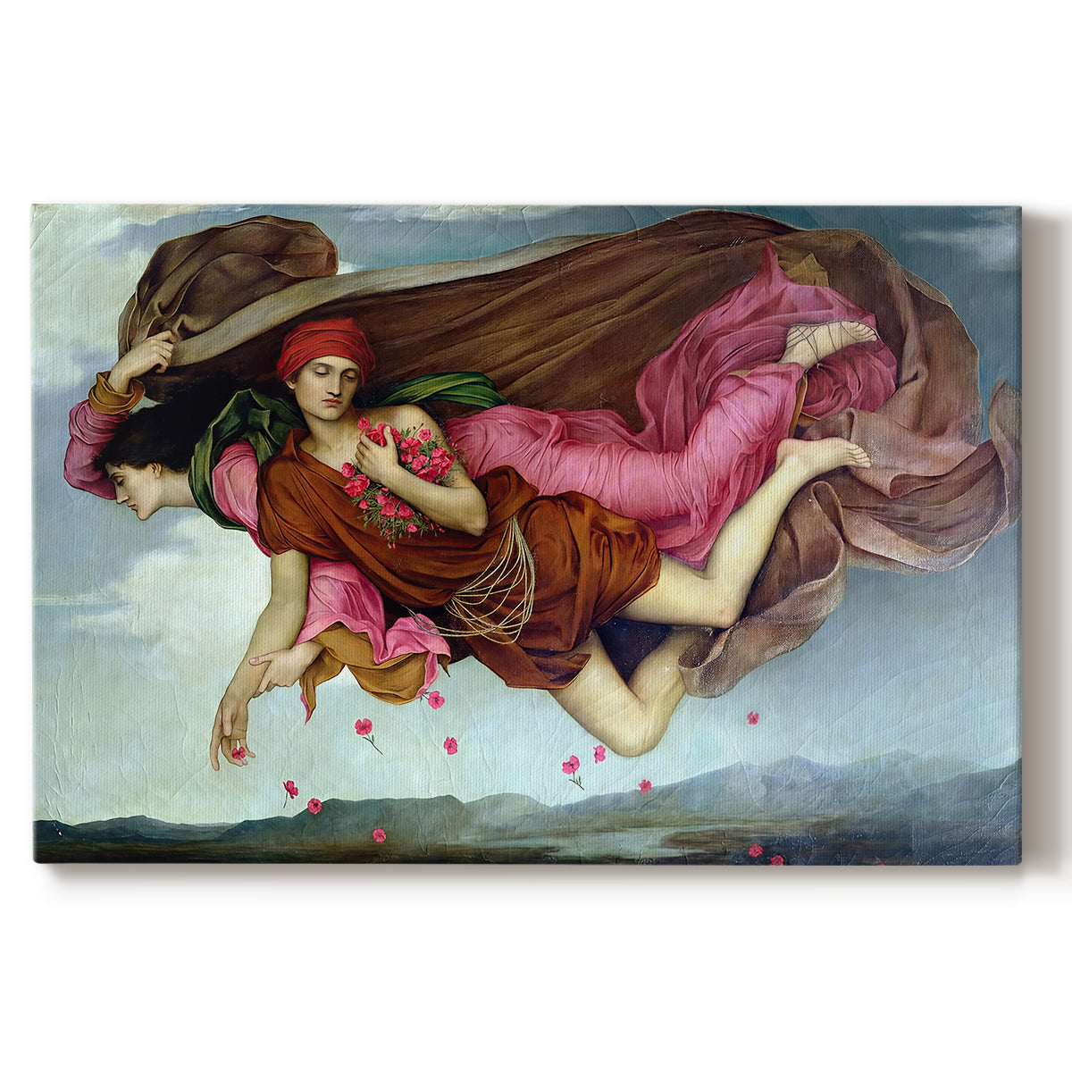Canvas art print portraying two intertwined female figures floating through dark sky representing night and sleep, set against a white background