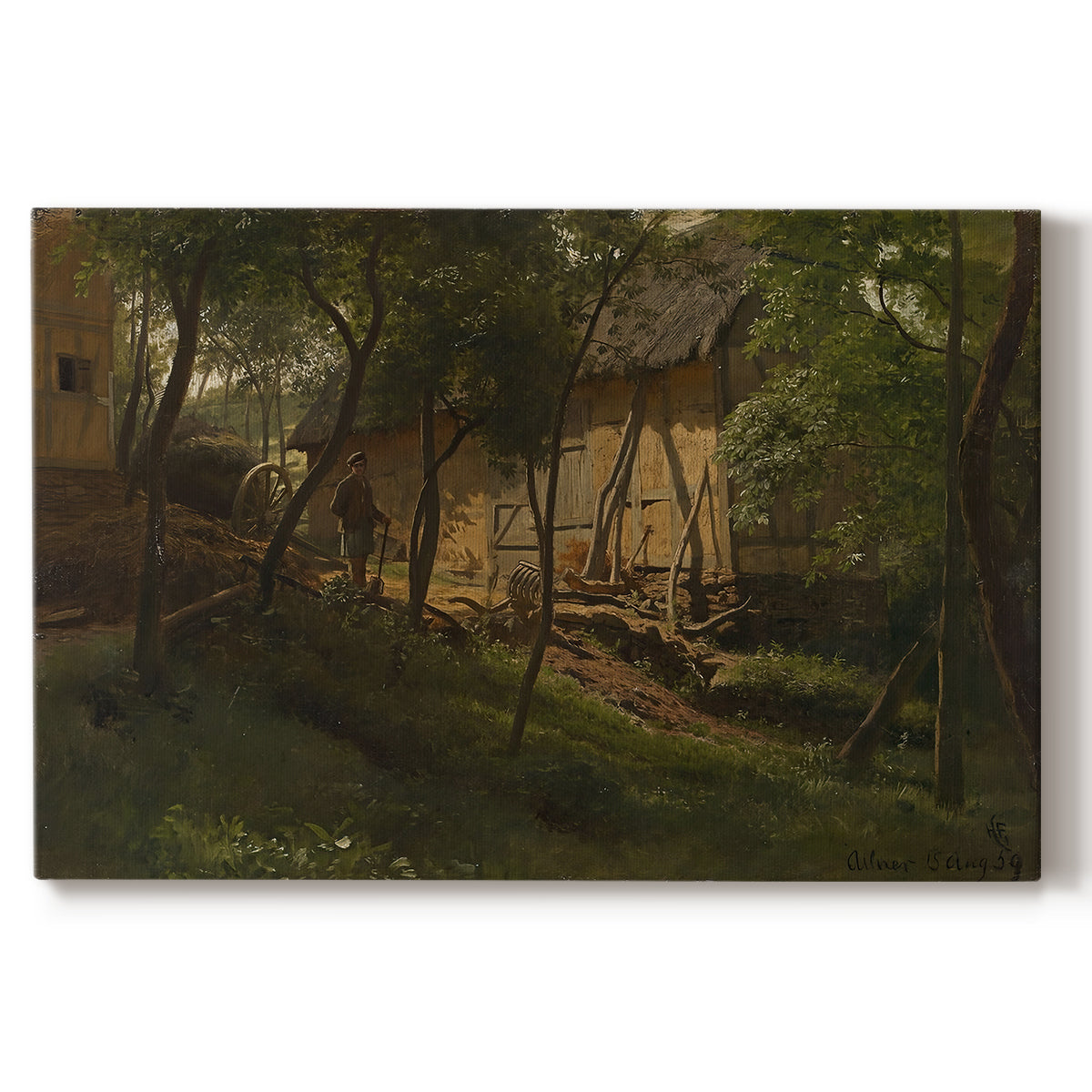 Canvas art print portraying rustic farm buildings surrounded by trees and rural landscape, set against a white background