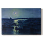 Canvas art print portraying fishing boats resting in harbor under moonlit sky, set against a white background