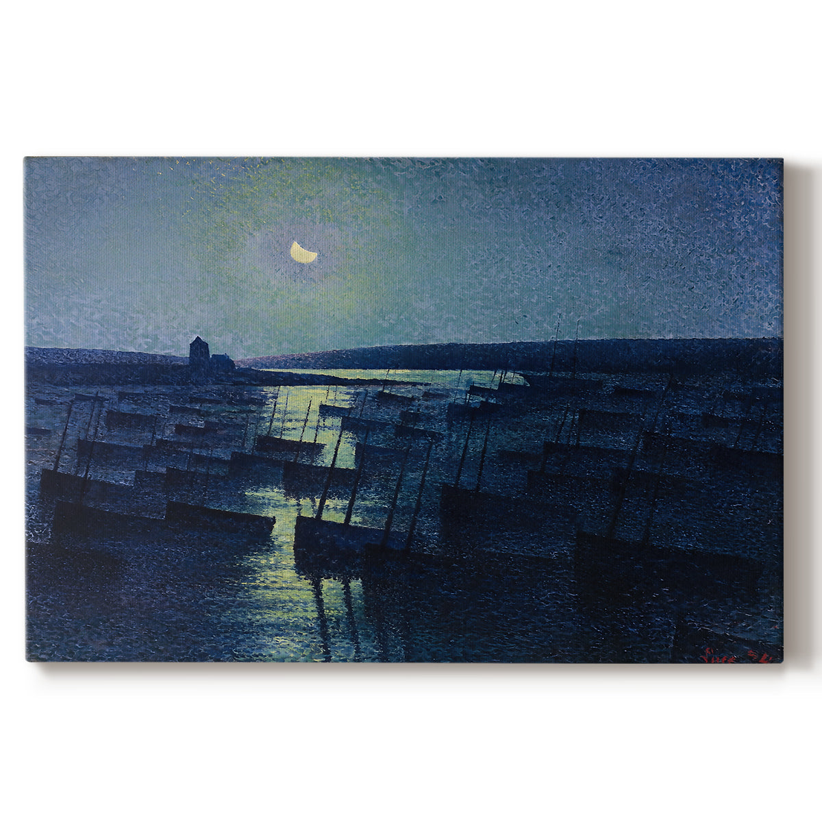 Canvas art print portraying fishing boats resting in harbor under moonlit sky, set against a white background