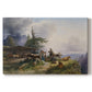 Canvas art print portraying a farmhouse with livestock set within mountainous alpine landscape, set against a white background