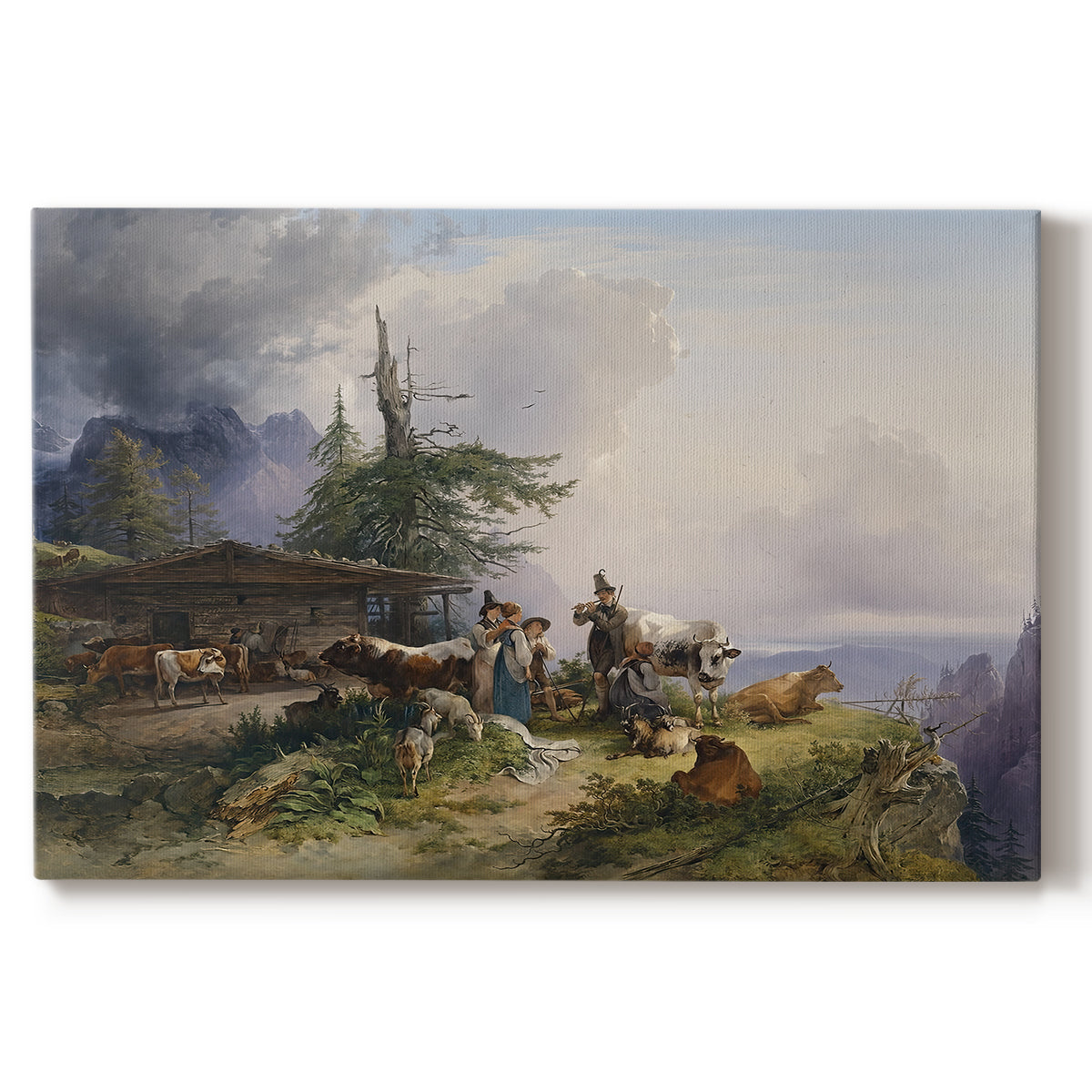 Canvas art print portraying a farmhouse with livestock set within mountainous alpine landscape, set against a white background