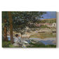 Canvas art print portraying a woman and child seated along riverbank beneath trees in soft daylight, set against a white background