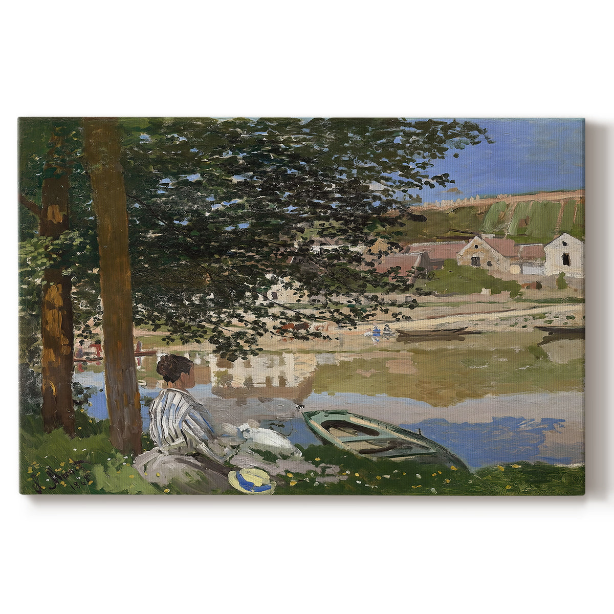 Canvas art print portraying a woman and child seated along riverbank beneath trees in soft daylight, set against a white background