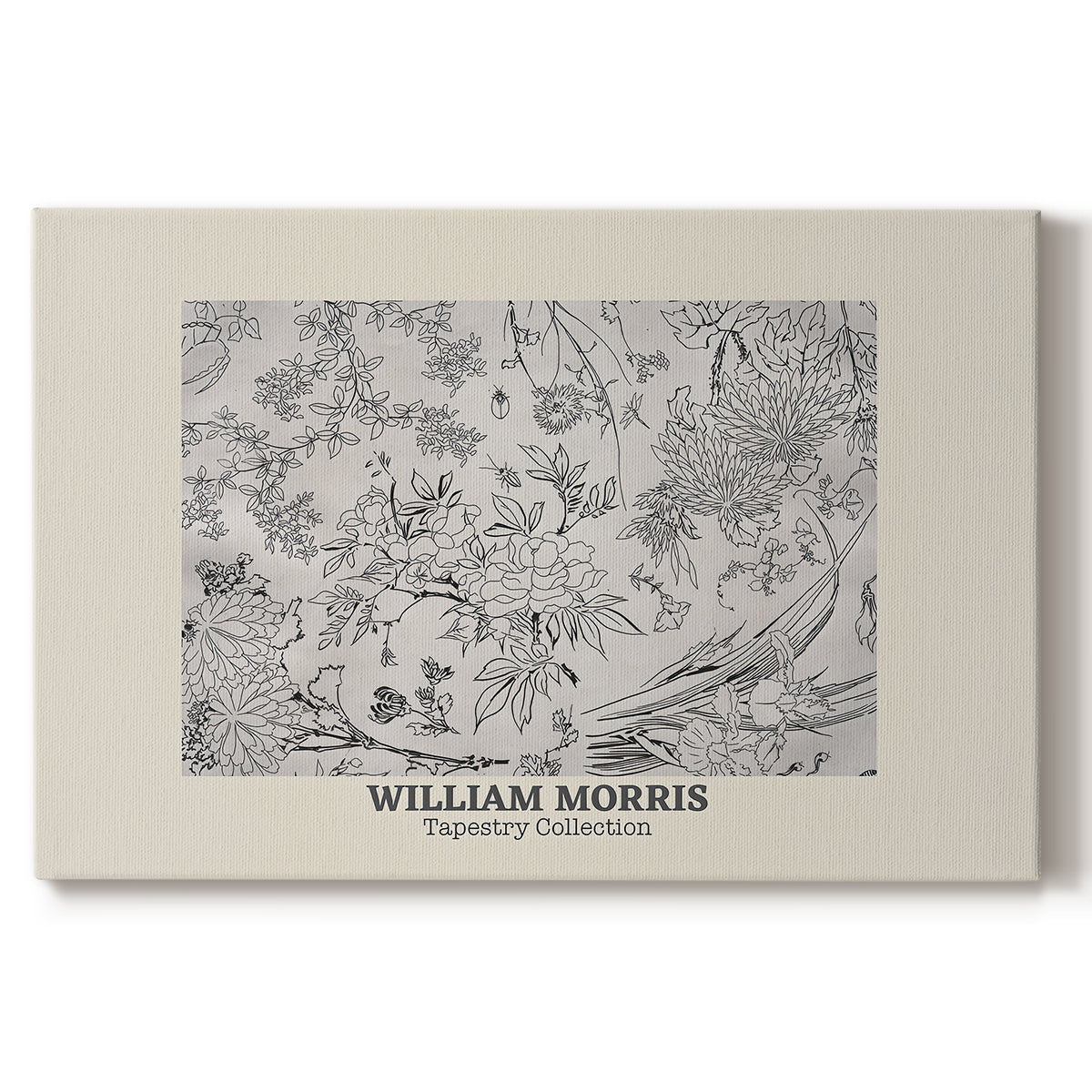 Canvas art print portraying a repeating floral pattern with delicate linework and evenly spaced blossoms, set against a white background