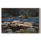 Canvas art print portraying a river landscape with boats and tree-lined banks under soft sky, set against a white background
