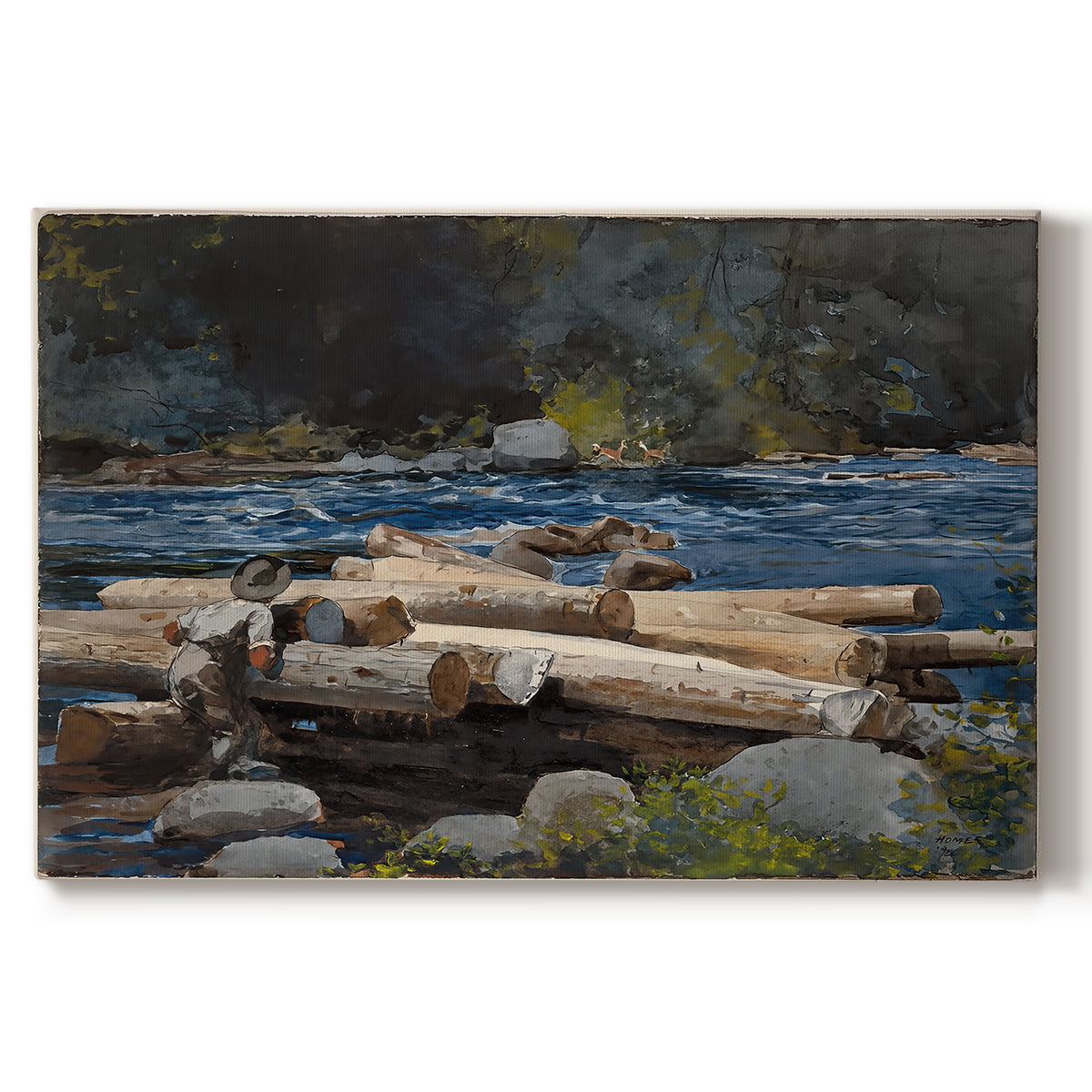 Canvas art print portraying a river landscape with boats and tree-lined banks under soft sky, set against a white background