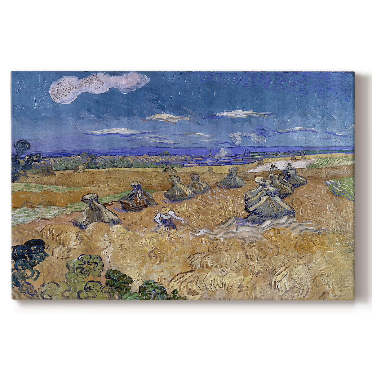 Canvas art print portraying a figure harvesting wheat in expansive field under bright sky, set against a white background