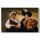 Canvas art print portraying a woman reading a young man's palm while secretly stealing his ring, set against a white background