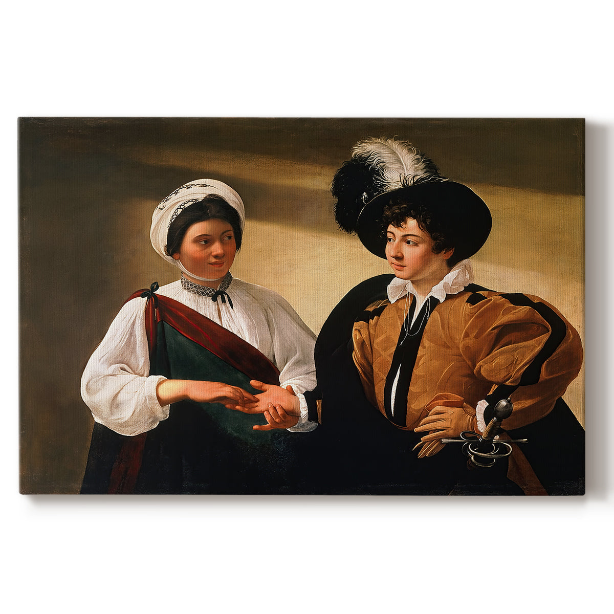 Canvas art print portraying a woman reading a young man's palm while secretly stealing his ring, set against a white background