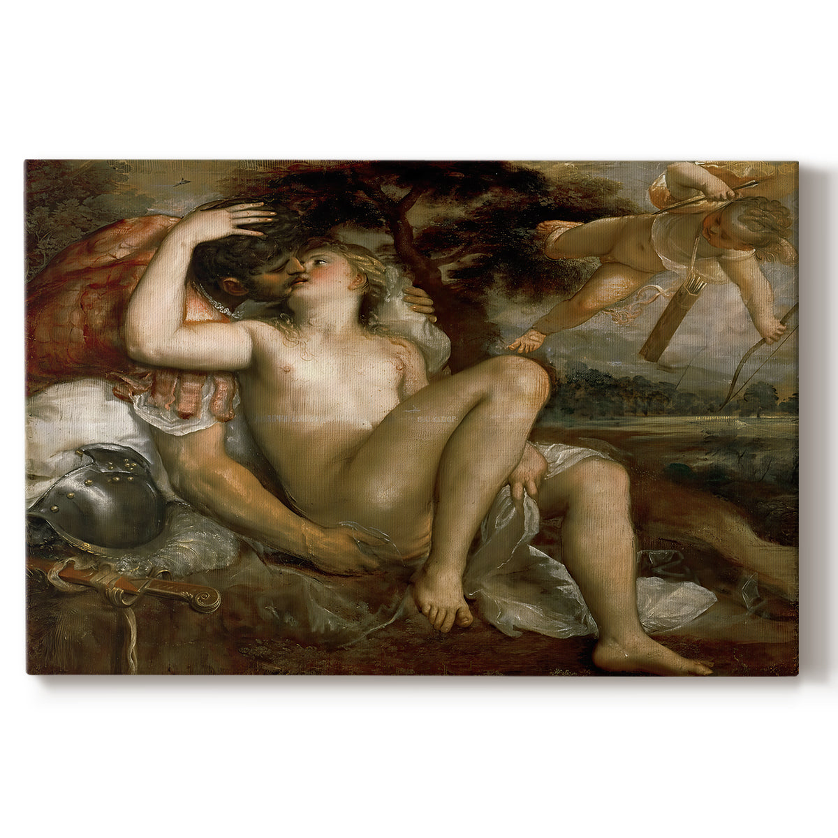 Canvas art print portraying a reclining mythological figures with Cupid in warm-toned classical setting, set against a white background