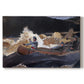 Canvas art print portraying a boat navigating fast-moving river rapids with figures aboard, set against a white background