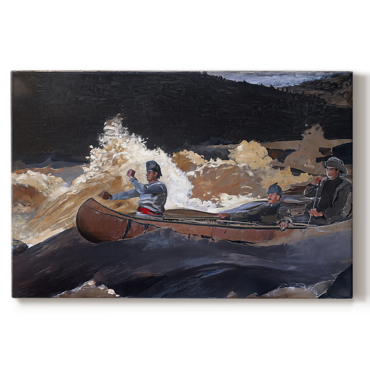 Canvas art print portraying a boat navigating fast-moving river rapids with figures aboard, set against a white background
