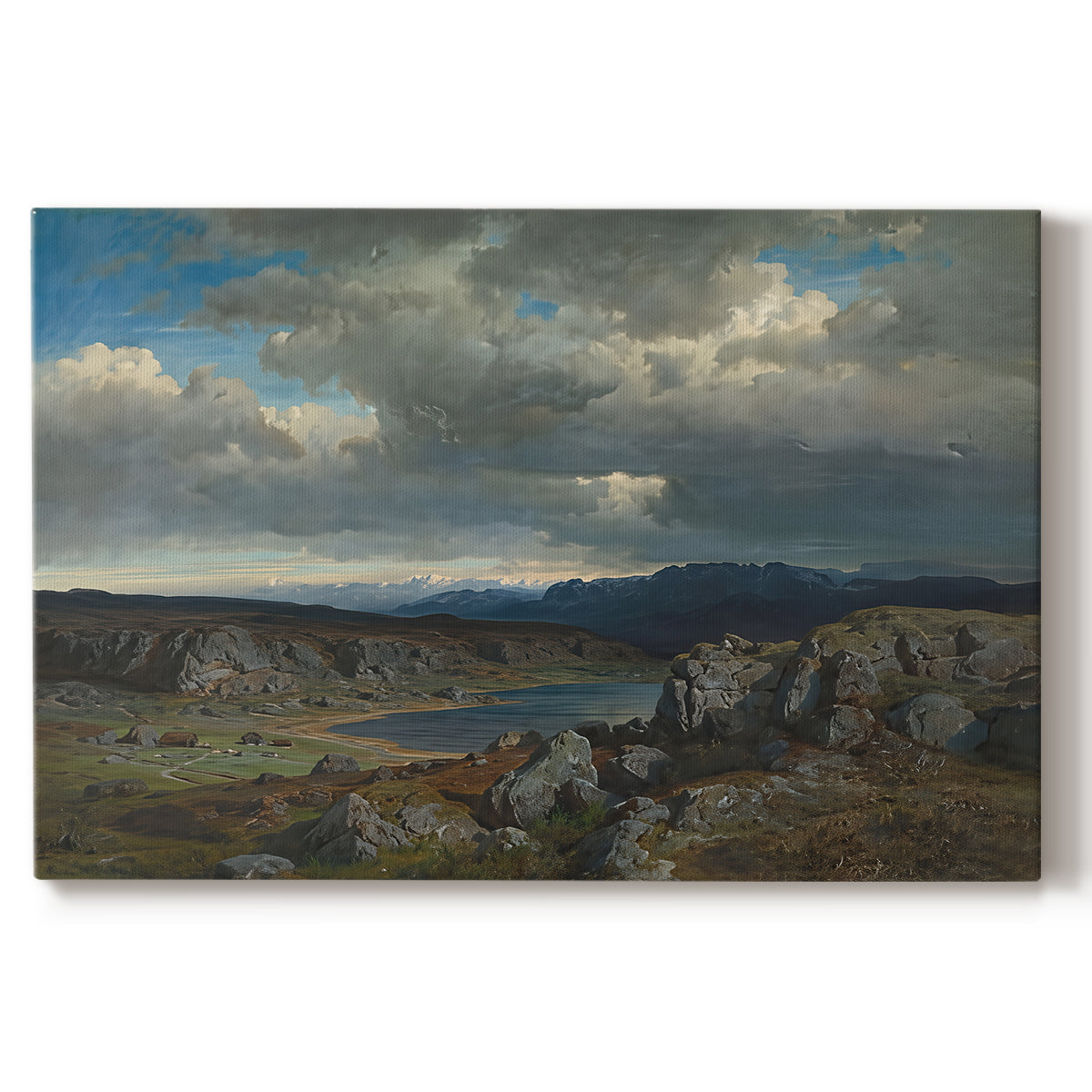 Canvas art print portraying a rugged highland landscape with mountains and open terrain, set against a white background