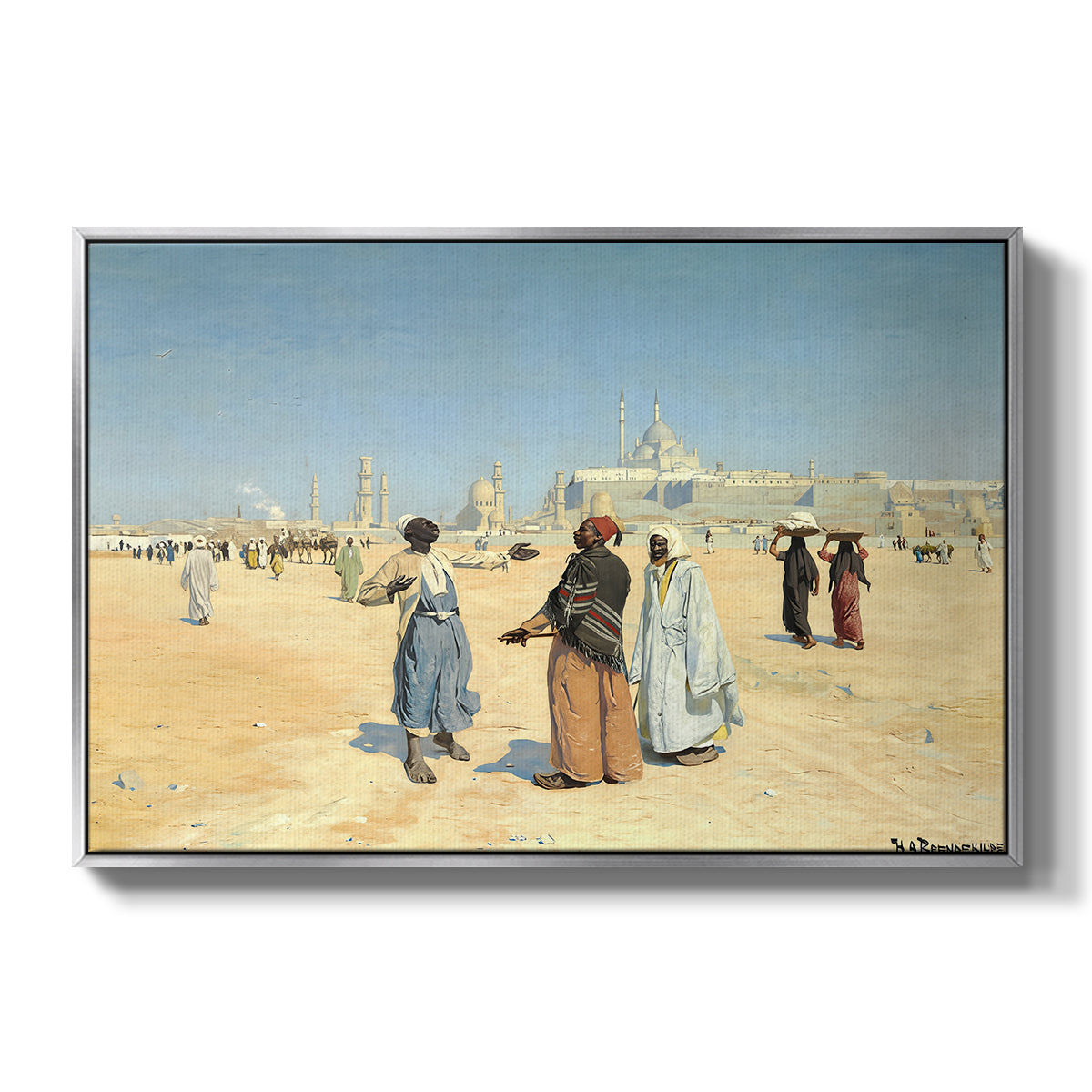View from the Desert of Cairo with Citadel and Mamluk Tombs in the Background, c. 1889-1890 - Floater Framed Canvas Print