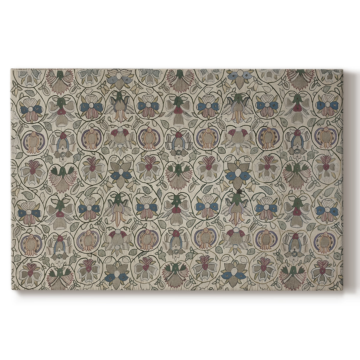 Canvas art print portraying a repeating floral pattern with symmetrical layout across elongated textile surface, set against a white background