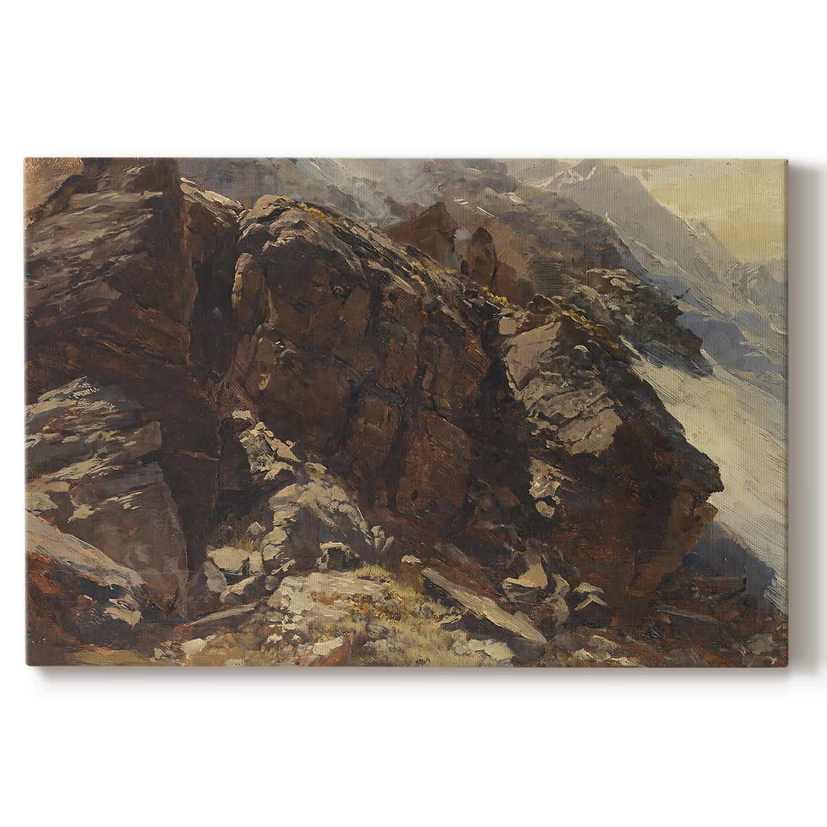 Canvas art print portraying a rocky alpine terrain with steep slopes and distant mountain peaks, set against a white background