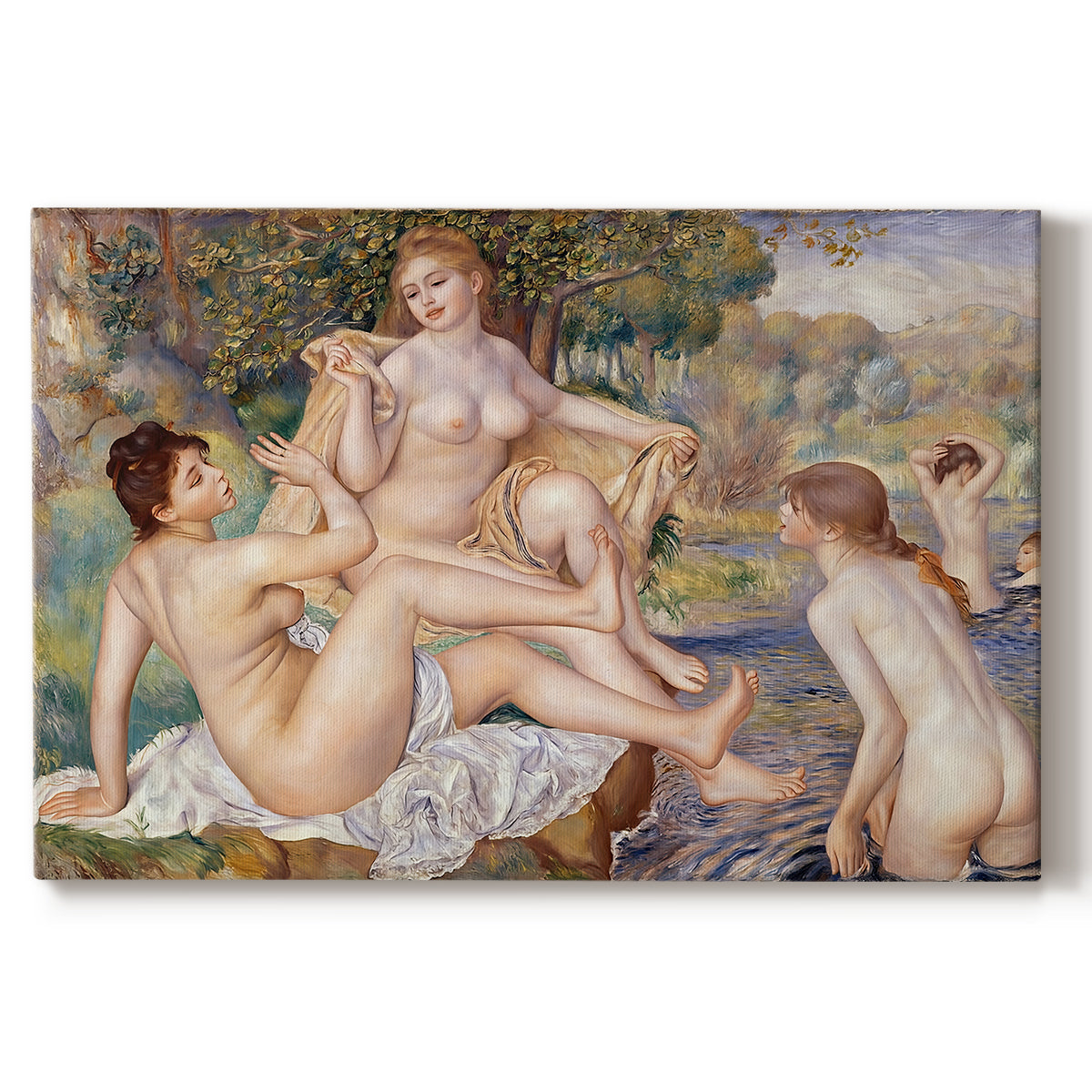 Canvas art print portraying a group of nude women bathing together in a sunlit natural landscape, set against a white background