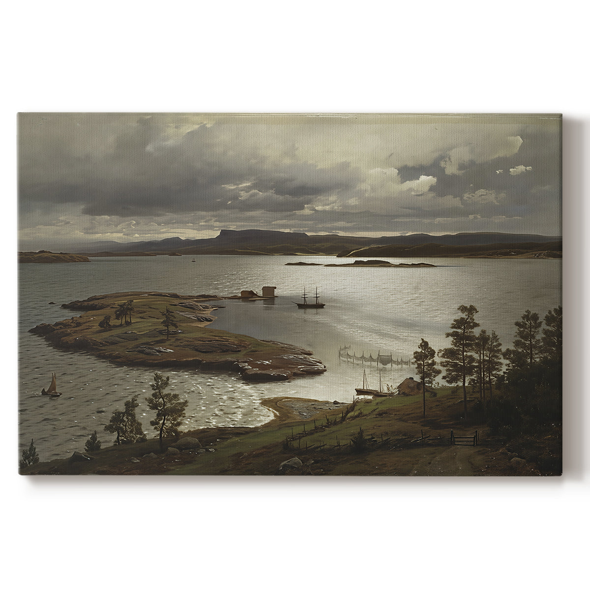 Canvas art print portraying a fjord landscape with water, shoreline, and distant hills under soft sky, set against a white background