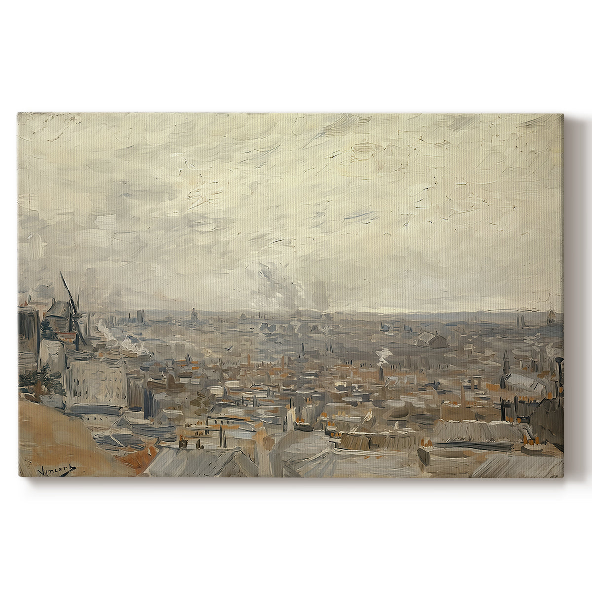Canvas art print portraying an elevated view over rooftops and buildings across wide urban landscape, set against a white background