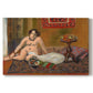 Canvas art print portraying a reclining nude figure beside bowl of goldfish in colorful interior, set against a white background