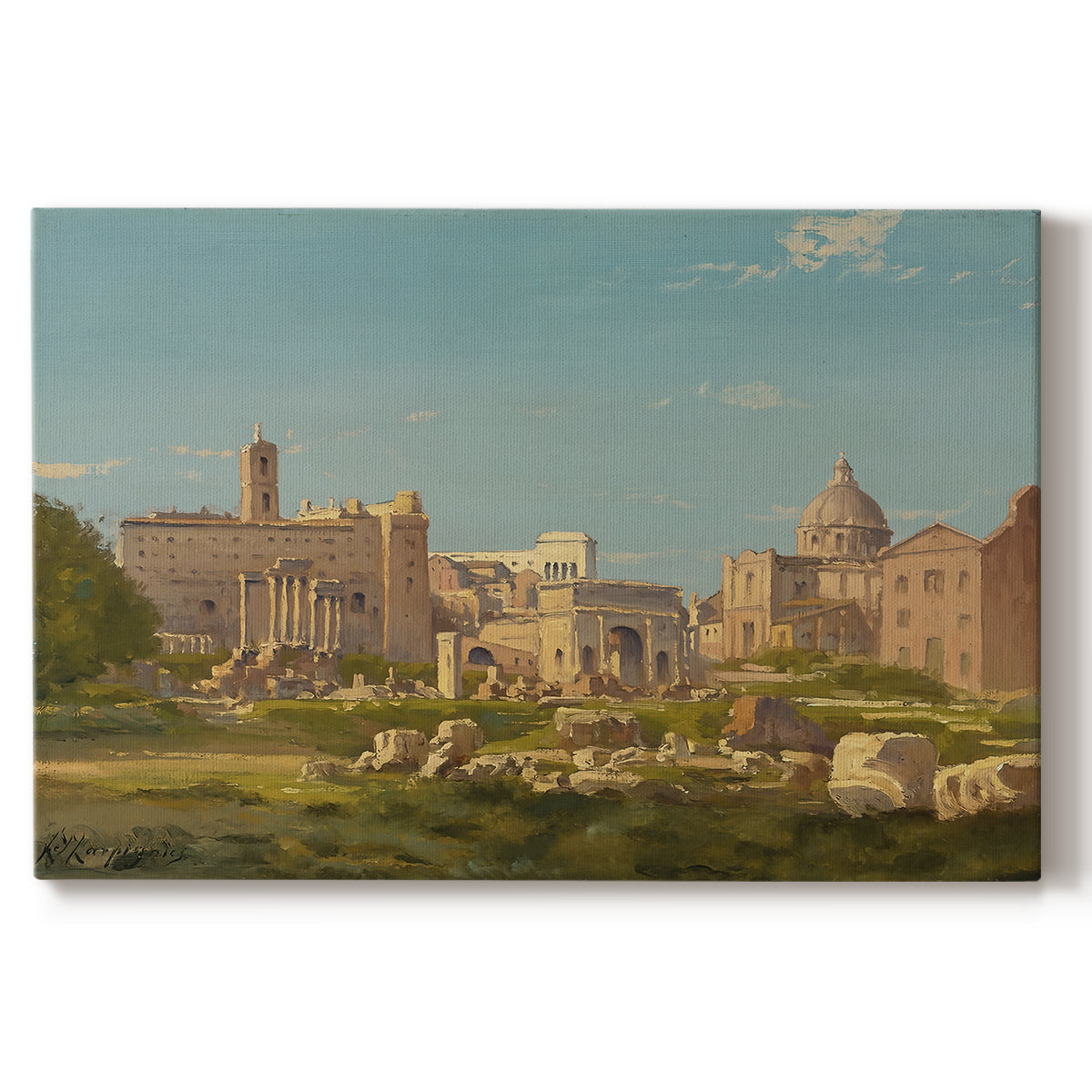 Canvas art print portraying ancient ruins of Roman Forum with architectural structures and open sky, set against a white background