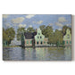 Canvas art print portraying a row of houses along river with reflections in calm water, set against a white background