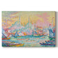 Canvas art print portraying a harbor with city skyline and boats, set against a white background