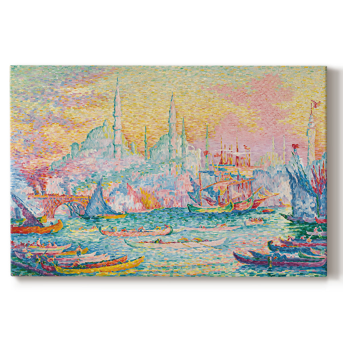 Canvas art print portraying a harbor with city skyline and boats, set against a white background