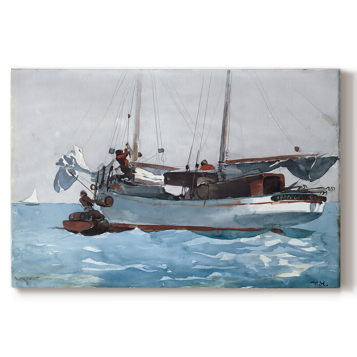 Canvas art print portraying workers transferring supplies between boat and larger vessel on water, set against a white background