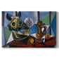 Canvas art print portraying a bull skull arranged with objects in angular cubist still life, set against a white background