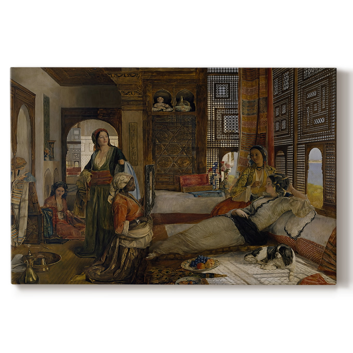 Canvas art print portraying an interior scene with seated figures in richly decorated room, set against a white background