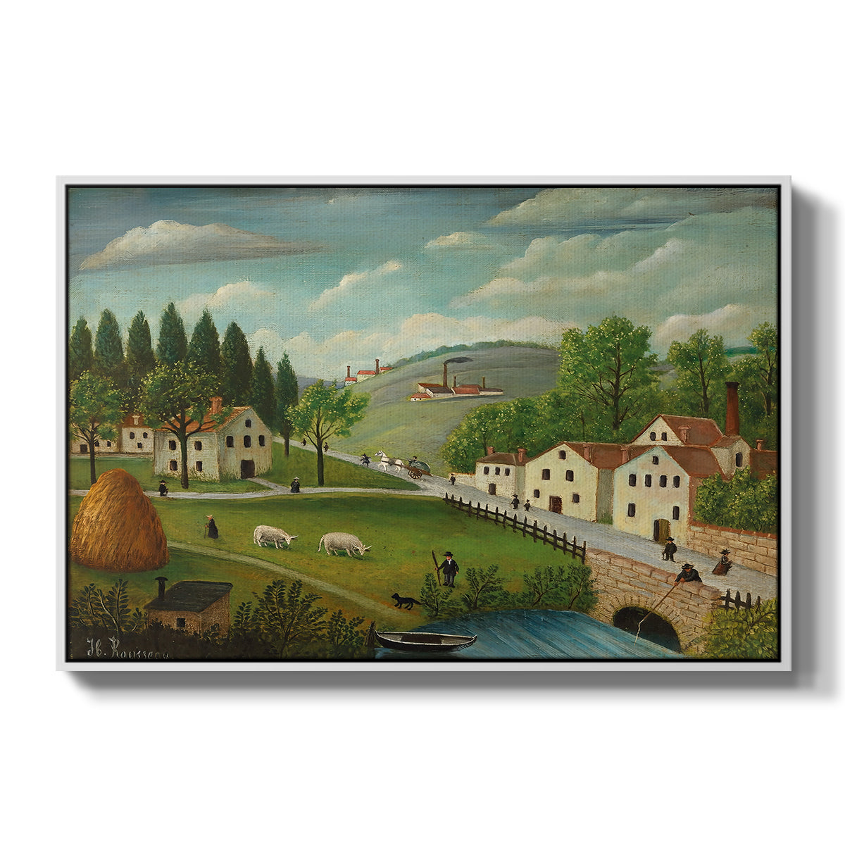 Pastoral Landscape with Stream, Fisherman and Strollers, 1875-1880 - Floater Framed Canvas Print