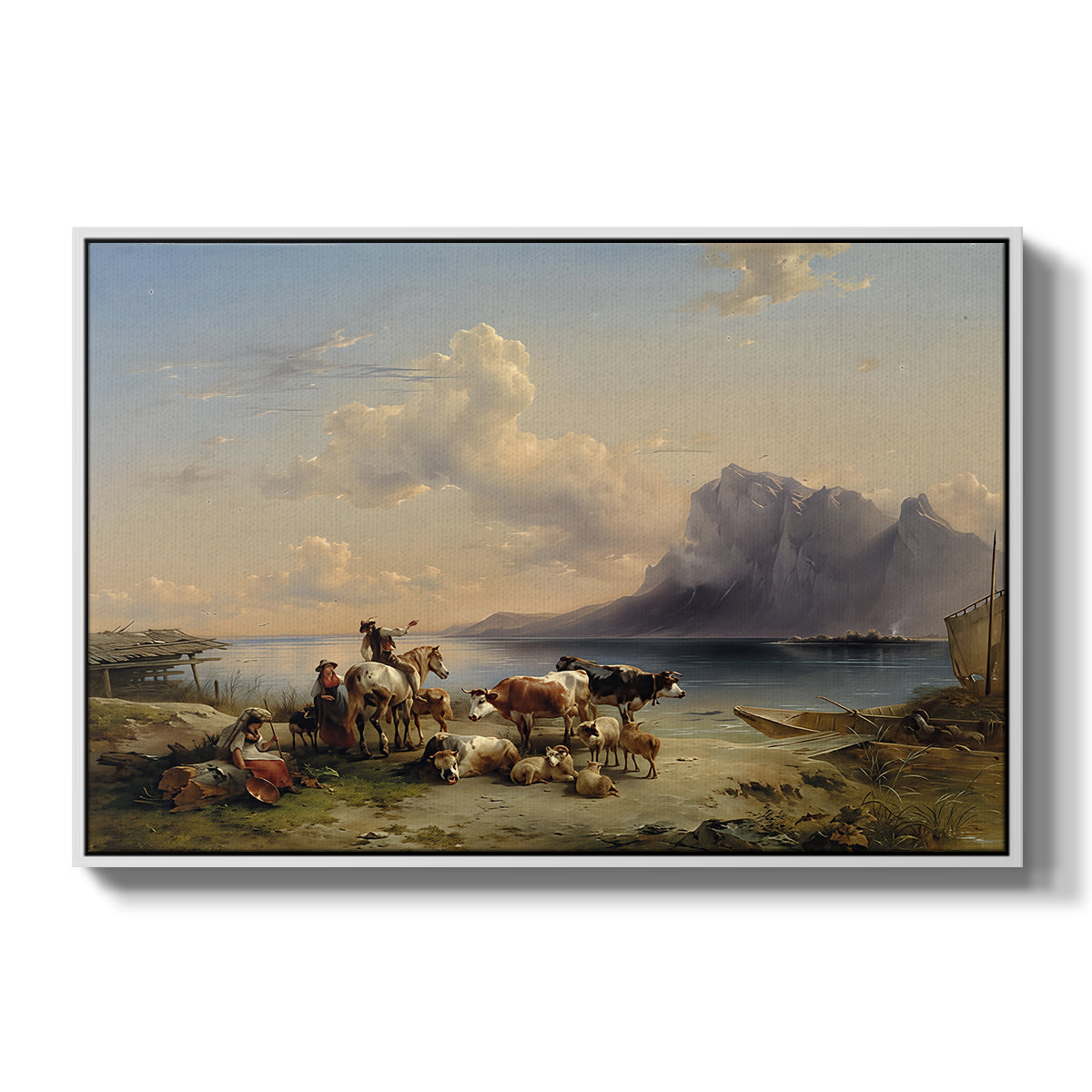 Shepherds and Cattle on Lake Attersee, 1852 - Floater Framed Canvas Print