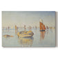 Canvas art print portraying a calm harbor with boats in morning light, set against a white background
