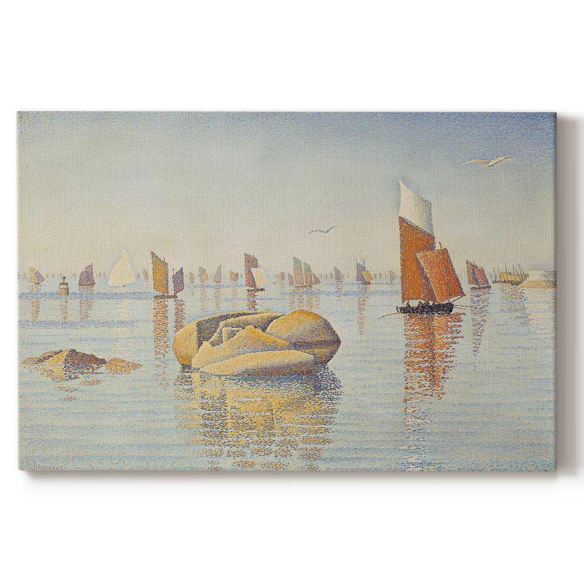 Canvas art print portraying a calm harbor with boats in morning light, set against a white background