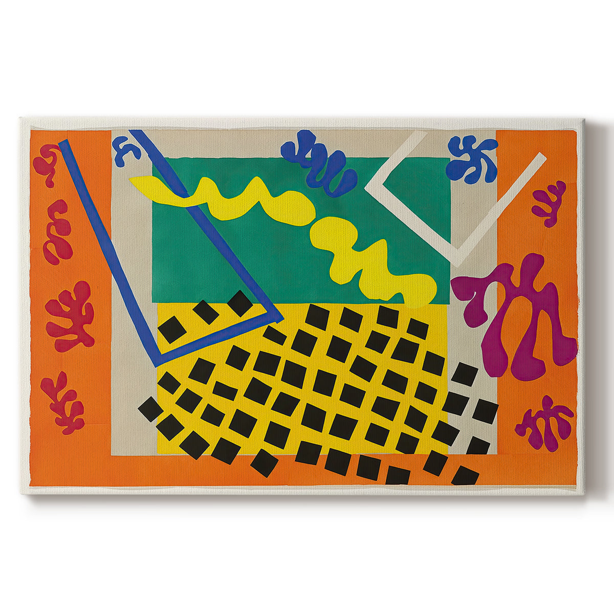 Canvas art print portraying an abstract arrangement of organic cut-out shapes in bold contrasting colors, set against a white background