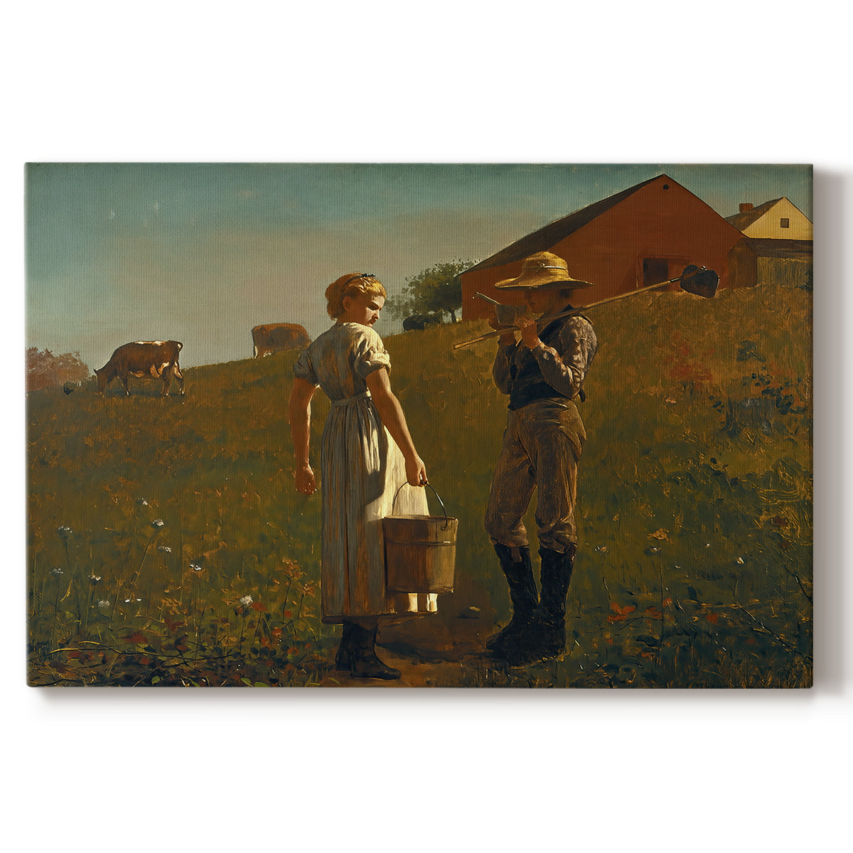 Canvas art print portraying two figures standing in open field near small building under wide sky, set against a white background