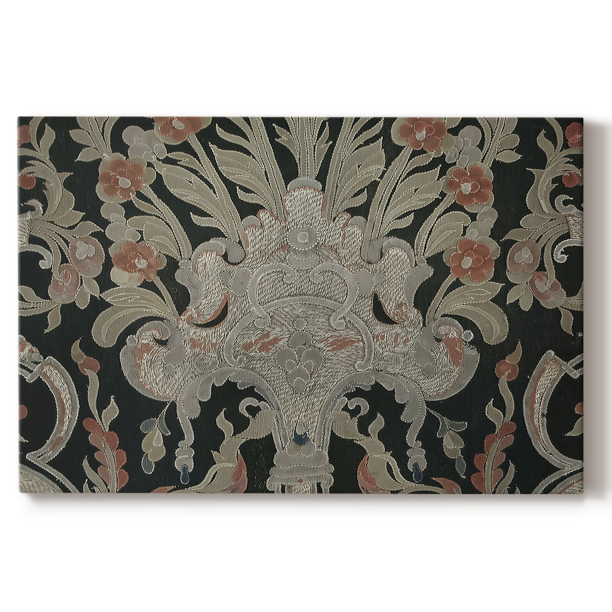 Canvas art print portraying a dense repeating pattern with animals, plants, and decorative elements across fabric, set against a white background