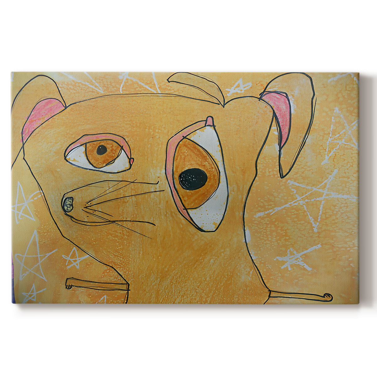 Canvas art print portraying a geometric dog composed of angular shapes with stars, set against a white background
